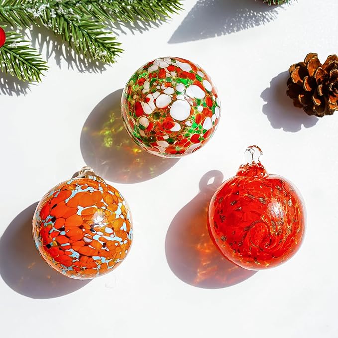 Set of 3 Blown Glass Christmas Ornament Balls for Christmas Tree Decor Glass Gazing Balls for Garden Patio Decor Glass Hanging Xmas Ornament Balls Gifted Box