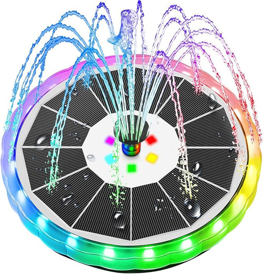 Solar Water Fountain with LED Lights Matte Panel, Built-in 4000 mAH Battery Large Bird Bath Fountains Solar Power with 4 Fixed Rods, Solar Fountain Pump for Pond, Outdoor,Garden,Pool-Multicolor