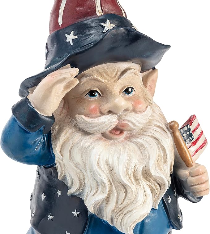 Alpine Corporation 12" Tall Outdoor Patriotic Garden Gnome Saluting Yard Statue Decoration