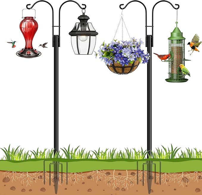Ottsuls Bird Feeder Pole, 2 Pack 60 INCH Double Shepherds Hooks for Outdoor, Garden Pole with 5 Base Prongs Heavy Duty Planter Hooks for Hanging Plant Baskets, Lantern, Hummingbird Feeder