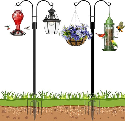 Ottsuls Bird Feeder Pole, 2 Pack 60 INCH Double Shepherds Hooks for Outdoor, Garden Pole with 5 Base Prongs Heavy Duty Planter Hooks for Hanging Plant Baskets, Lantern, Hummingbird Feeder