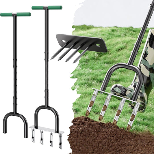 Lawn Aerator, Core Aerator Lawn Tool & Lawn Spike Aerator, Hand Aerator Lawn Tool, Grass Aerator with Adjustable T-Handle, Garden Tool Solve Soil Compaction for Garden Grass and Yard