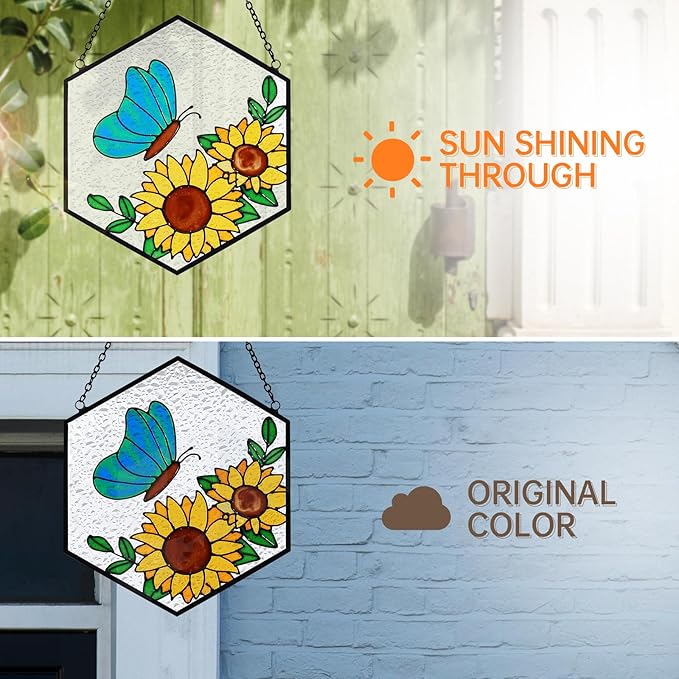 Butterfly Sunflower Stained Glass Suncatchers Windows Hanging Decorative,Hand Paint Sun Sunflower Catchers Indoor Ornaments with Stick Hook,Memorial Gifts for Mom/Women