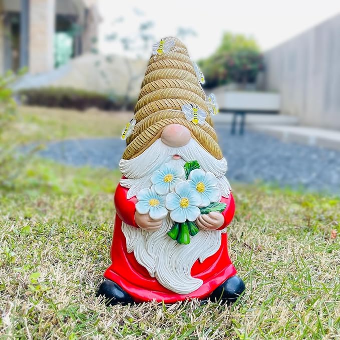 Outdoor Garden Gnomes Statue, Bee Flower Gnome Sculpture, with Solar LED Lights for Yard, Patio, Lawn Ornaments for Garden, Patio Gnome Gifts for Mom
