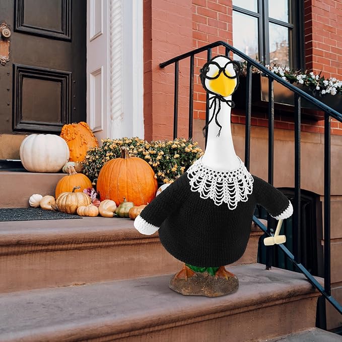 Crochet Justice Goose Outfit Handmade Federal Judge Lawn Goose Clothes Halloween Porch Goose Outfit with Glasses and Mallet for 23'' Goose Halloween Outdoor Patio Yard Lawn Art Decoration