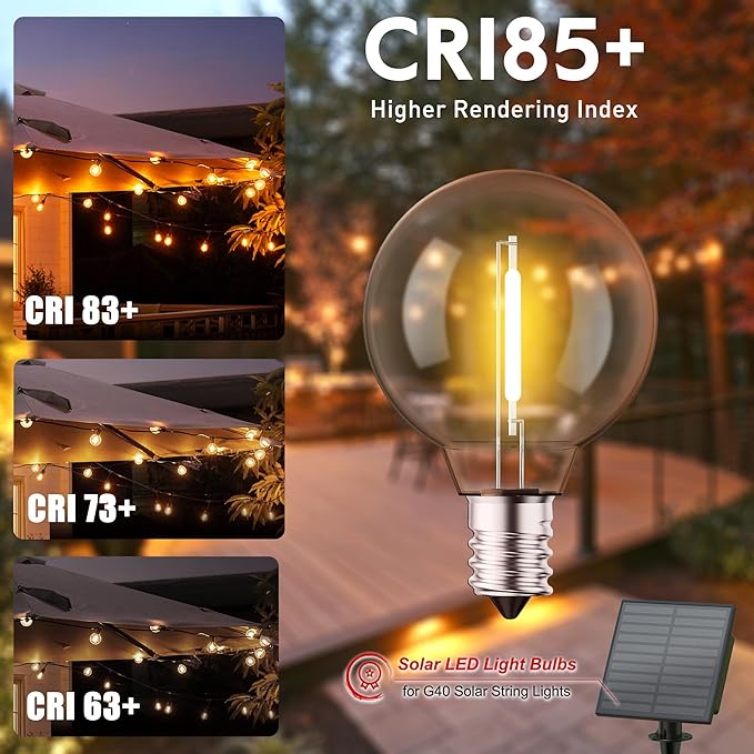 Brightown G40 Solar Replacement Bulbs, E12/C7 Candelabra Screw Base, 3V, 0.15W, 1.5 Inch Shatterproof Globe LED Bulbs Only for Solar Outdoor String Lights, 2700K, Dimmable, Warm White, 25 Pack