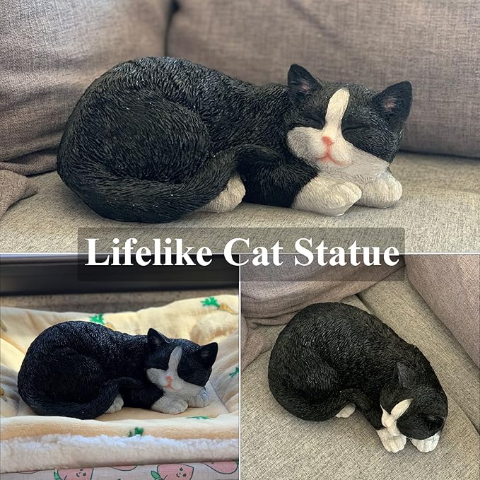Cat Statue Outdoor Cat Figurines Garden Decor, Black Cat Statue Figurine Decor Sculpture for Patio, Yard, Sleeping Cat Statues for Indoor Table Accessory, Gift for Mom