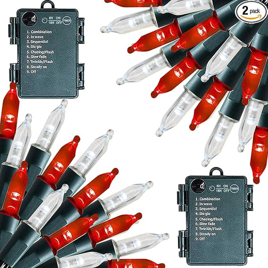 Dazzle Bright Battery Operated Christmas Lights, 2 Pack Total 32FT 100LED Clear Mini String Lights Waterproof with 8 Modes for Xmas Indoor Outdoor Yard Holiday Wedding Decorations (Red and White)