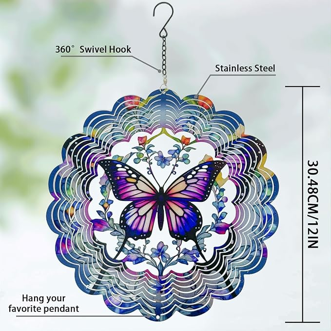 Wind Spinners 2 Pack Metal Butterfly - Butterfly Gifts for Women Mom Grandma Wife, Hanging Wind Spinner for Outdoor & Indoor Decorations, 12 inch 3D Wind Spinner for Ornament Gifts
