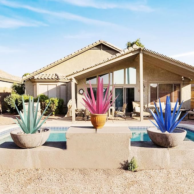 Large Tequila Rustic Sculpture, Rustic Metal Agave Plants for Outdoor Patio Yard, Home Decor Hand Painted Metal Agave Garden Yard Statue, Outdoor Lawn Ornaments Yard Stakes (Sky Blue - M)