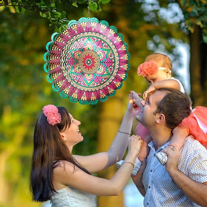 Wind Spinner Mandala Manjusaka Laser Cut Stainless Steel Wind Spinners for Yard and Garden Decoration 3D Kinetic Metal Art Ornament Hanging Wind Sculptures Outdoor Decor Creative Gifts Ideas