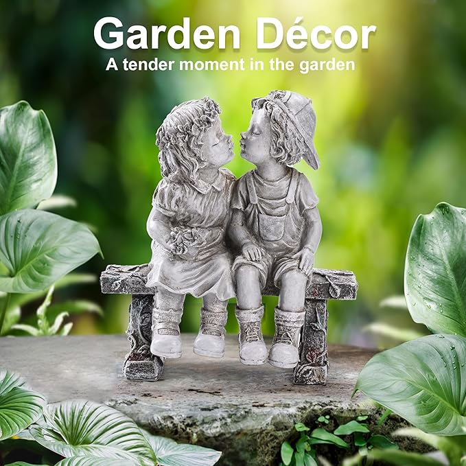 Lily's Home First Kiss Resin Garden Statue, Little Girl and Boy Kissing Yard Miniature Figurine,Small and Exquisite, 9 Inch