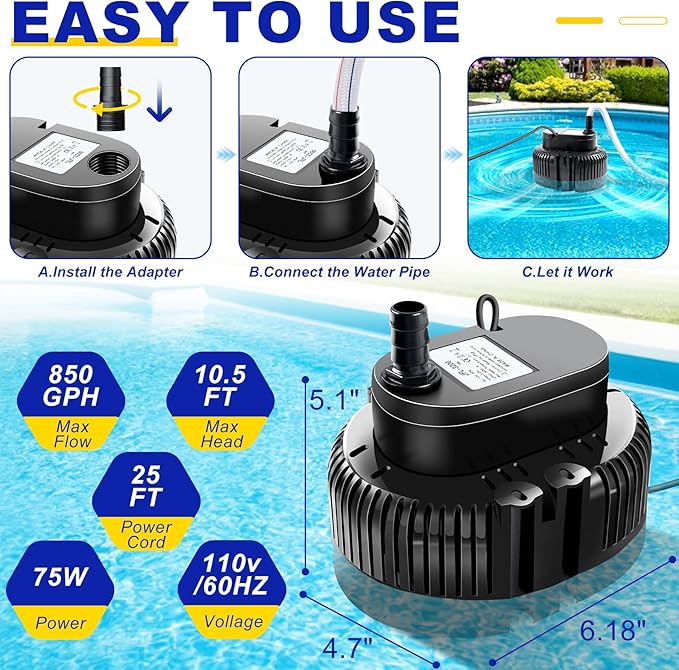 Pool Cover Pump above Ground-Submersible Sump Pump Swimming Water Removal Pumps, Sump Pump for Pool Draining with 16ft Drainage Hose & 25 ft Extra Long Power Cord,850 GPH,3 Adapters-Black