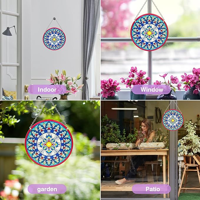 Mandala Suncatcher Stained Glass - Handmade Gifts for Women, Suncatchers for Windows - Window Hangings with Chain and Hook, 6 inch Stained Glass Suncatcher for Mom