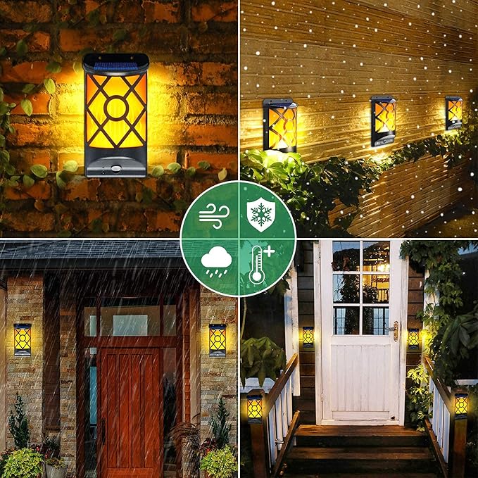 Solar Flame Lights Outdoor, Realistic 3D Flickering Flames with 66 Ultra-Bright LEDs - Waterproof Wall Mount Lanterns for Deck, Fence, Patio, Garden, Auto On/Off (4-Pack Value Set)