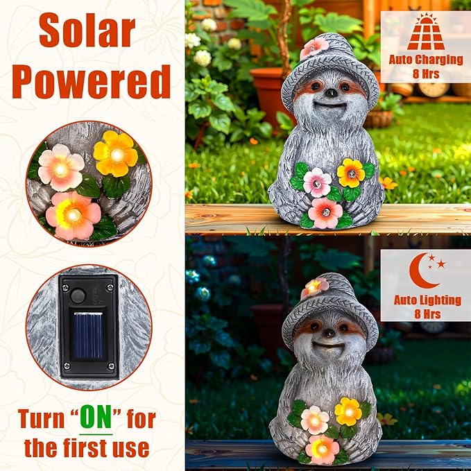 Solar Garden Outdoor Statues Sloth with 4 LED Lights,Lawn Decor Sloth Statue for Patio,Balcony,Yard,Lawn Ornament,Unique Gifts for Mom Grandma