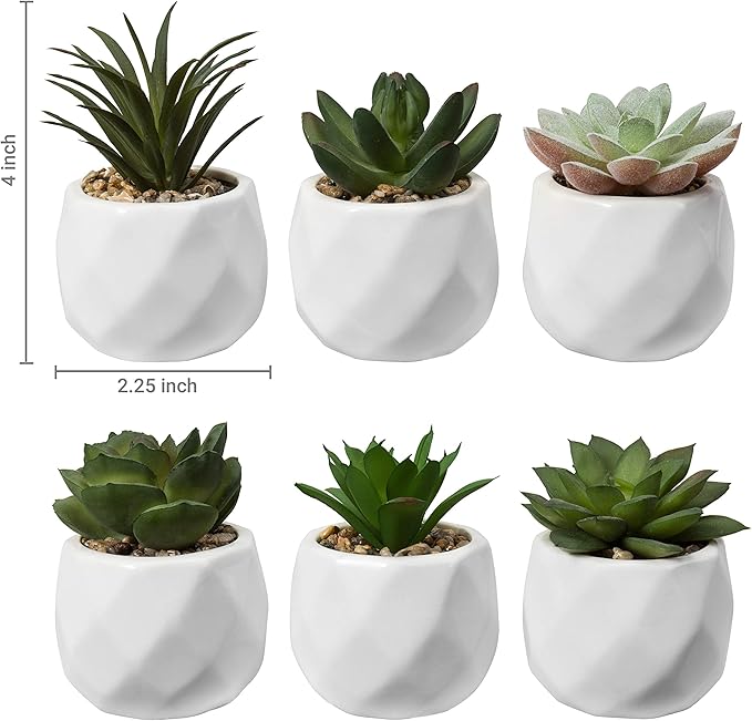 MyGift Mini Assorted Green Faux Succulent, Indoor Fake Plants in Geometric Ceramic Pots, Set of 6