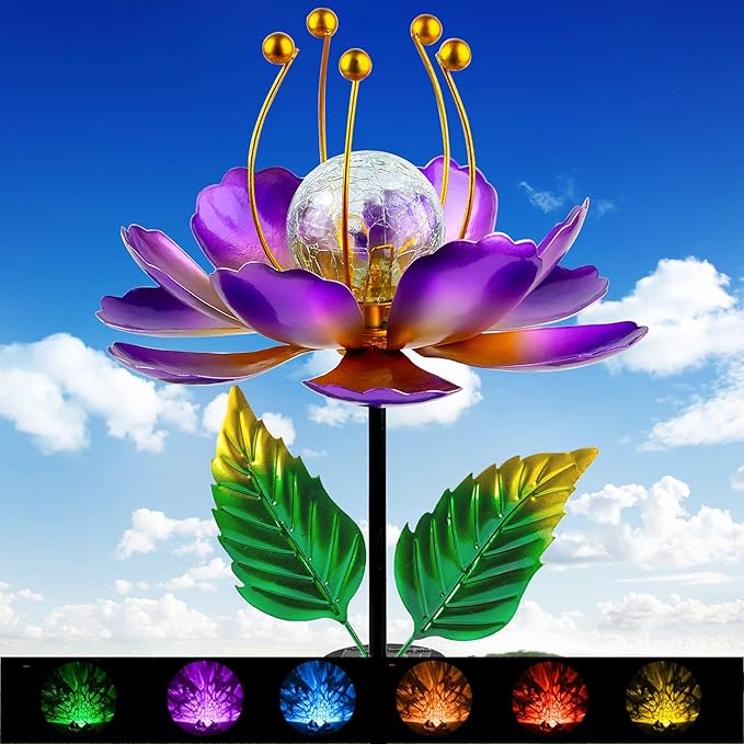 Solar Wind Spinner, 38 Inch Metal Stake Yard Spinners,Solar Powered Multi-Color LED Glass Ball with Kinetic Wind Sculpture Spinner Windmills for Yard