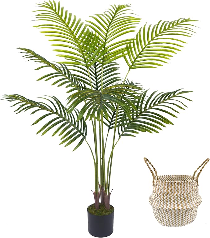 Artificial Palm Tree, 4ft Fake Areca Palm Plant with Basket, Tropical Faux Dypsis Lutescens Plants for Indoor Outdoor Home Office Shop Garden Décor