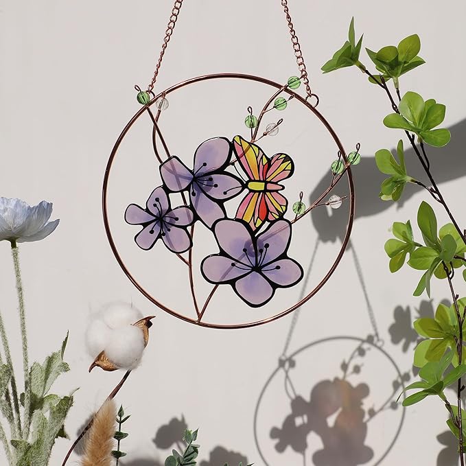 Suncatcher Stained Glass Window Hanging,DASTOLL Floral Butterfly Design Beautiful Suncatchers for Windows,Elegant Sun Catchers for Indoor Window Decor Beautiful Gifts for Butterfly Lovers