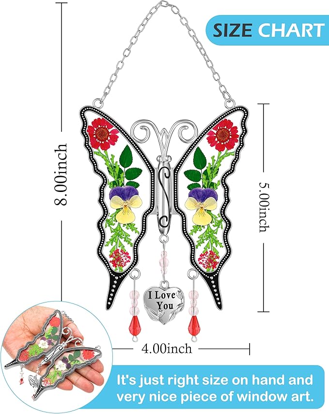 KY&BOSAM Butterfly Suncatcher I Love You Gifts for Mom for Windows Hangings Wind Chimes Pressed Flower Between Wings with Metal Heart Charm Birthday Gifts for Women Mother's Day Valentine's Christmas