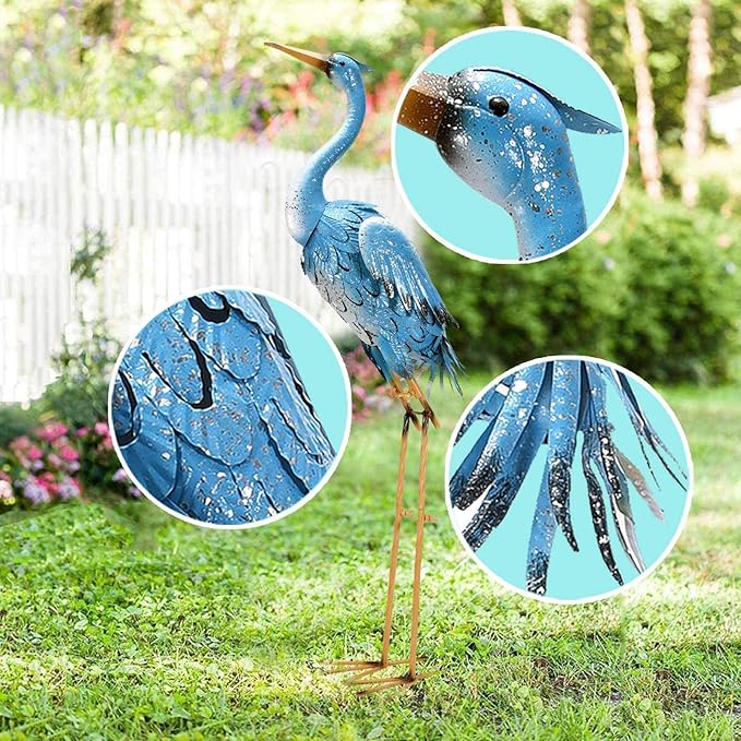 Nacome Large Standing Blue Metal Crane Garden Statue: Indoor Outdoor Heron Animal Sculpture for Patio Backyard Porch Yard Bird Art Lawn Decor - 36.6inch Gifts for Grandma Mom