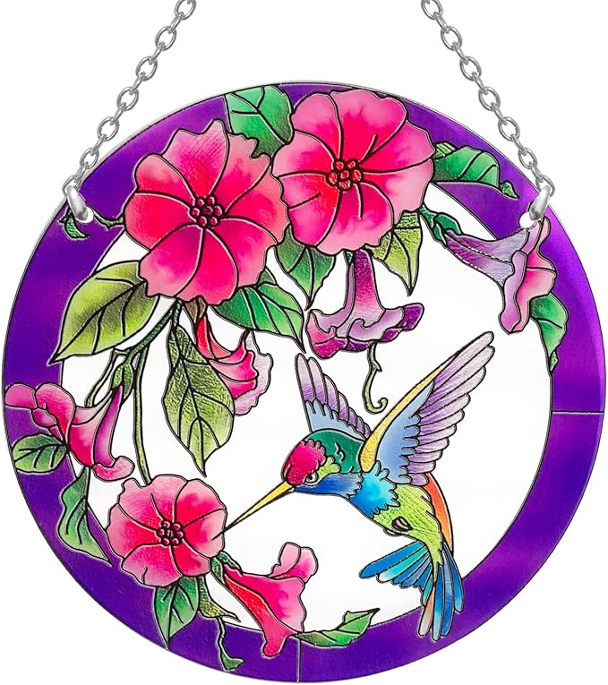 Stained Glass Window Hanging, Hummingbird Gifts for Women, Bird and Flowers Suncatcher for Window, 6" Purple Stained Glass Suncatchers, Hand Painted Glass for Birds Lover (6 inch)