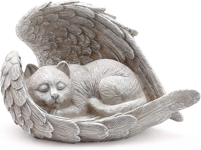 Sleeping Cat Within Angel Wings 8.5 x 5.5 Resin Stone Pet Memorial Figurine, Concrete Grey
