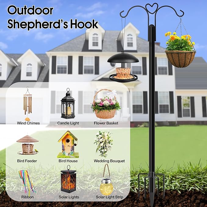Ottsuls Bird Feeder Pole, 2 Pack 92 INCH Double Shepherds Hooks for Outdoor, with 5 Base Prongs Heavy Duty Tall Garden Planter Hooks for Hanging Flower Basket, Lantern, Hummingbird Feeder