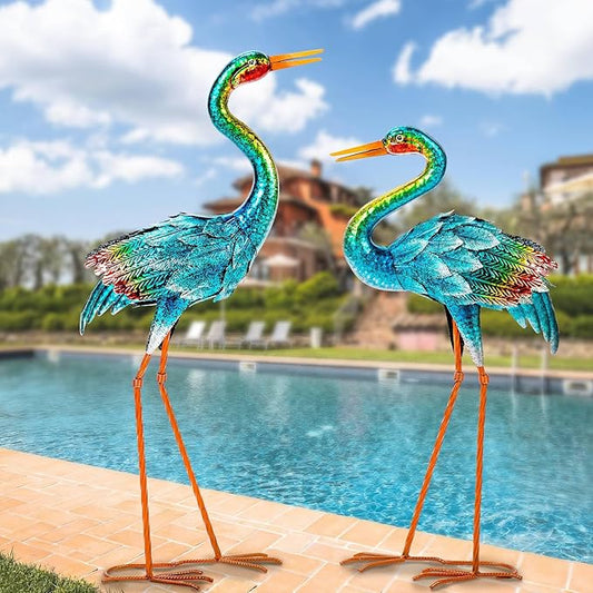 Natelf Crane Statues for Garden Decor, Blue Heron Sculptures, Metal Large Birds Lawn Sculptures & Statue for Patio Pond, Yard Decorations, Set of 2