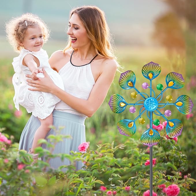 Peacock Wind Spinner Outdoor, Standing Wind Sculpture Yard Art Decorations, Metal Windmill for Patio Lawn & Garden Decor (2pcs-Blue Green)