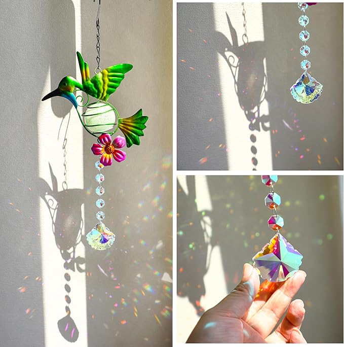 Stained Metal Hummingbird Suncatcher, Window Crystal Prisms Sun Catcher Hanging Ornament Rainbow Maker Bird Garden Wall Art Fence Decorations