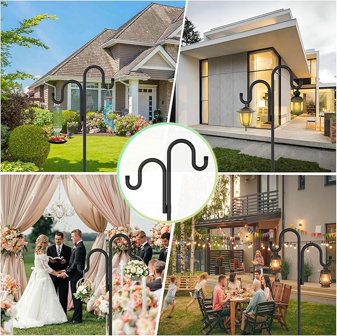 Double Shepherds Hooks for Outdoor, Bird Feeder Pole with 5 Prongs Base, Heavy Duty Garden Hook for Lantern, Wind Chime and Hummingbird Feeder, 76 Inch, 2 Pack