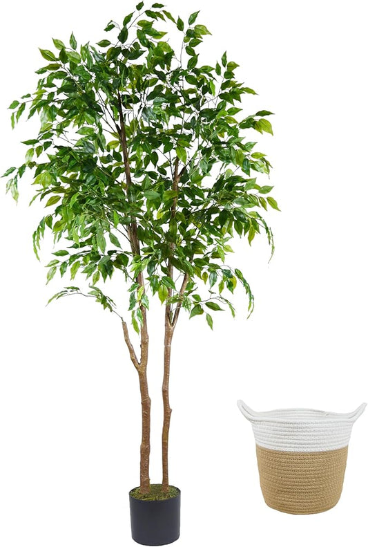 Artificial Ficus Tree, 6ft Tall Fake Ficus Tree with Basket, Faux Plant for Indoor Outdoor Home Livingroom Office Garden Porch Décor