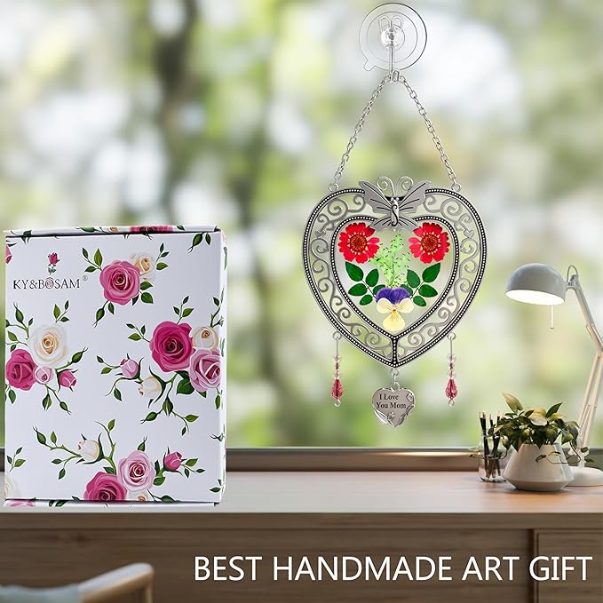 KY&BOSAM Heart Suncatcher-Stained Glass Panles I Love You Mom Sun catchers Hangings for Windows Wind Chime Ornament Mom Gifts - Gifts for Mother`s Day Valentine`s Day Birthday Christmas