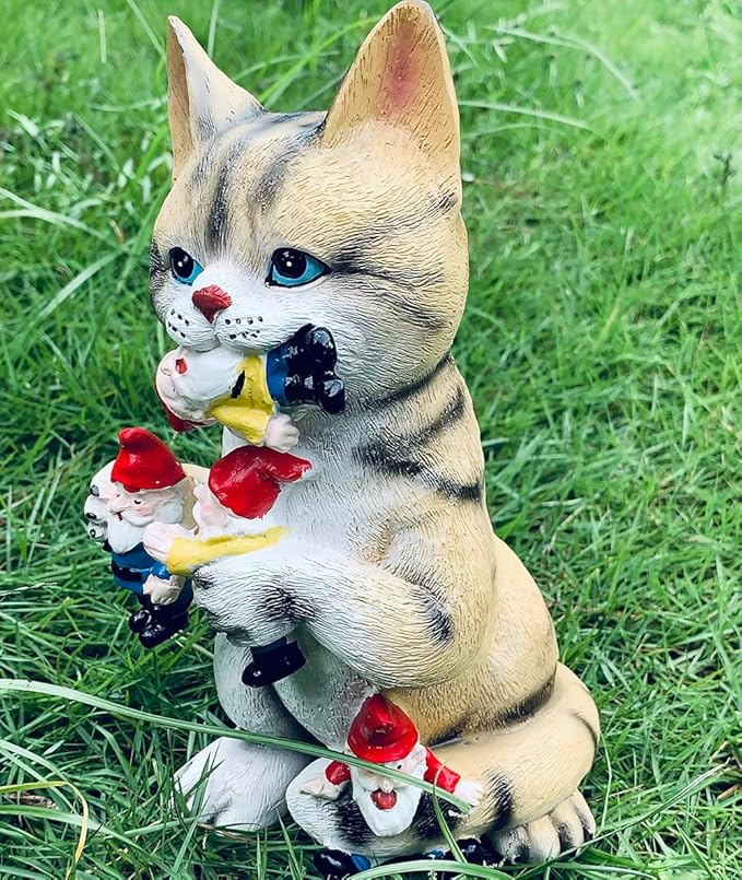 Garden Cat Eating Gnomes Statues Funny Gnome Decor for Outdoor Patio Lawn Yard Decor (cat Eating)