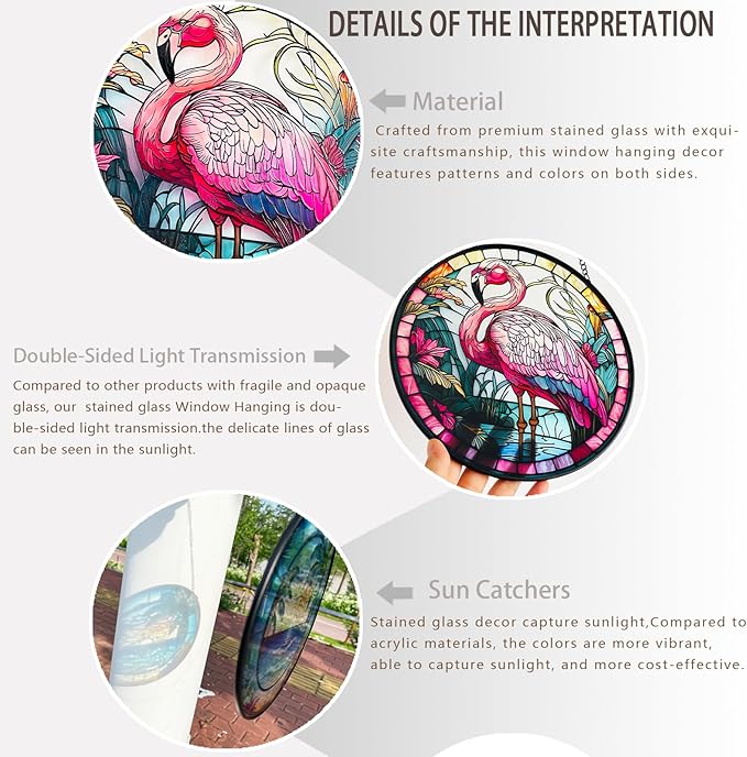 RIVEENY Flamingos Sun Catcher Stained Glass,8" Flamingos Gifts for Women,Stained Glass Window Hanging,Red Birds Sun Catchers for Windows, Hand Painted Glass for Birds Lover