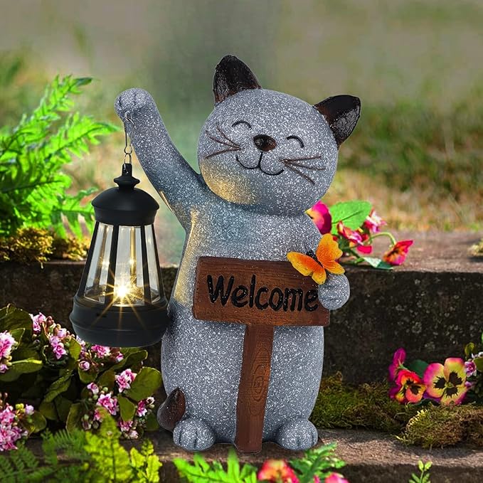 Juegoal Garden Statue Solar Cat Figurine with Lantern, 10" Resin Kitten Outdoor Lawn Porch Yard Art, Lighted Christmas Birthday Gifts for Mom Grandma