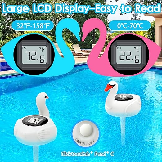 KingSom Digital Pool Thermometer,Solar Pool Thermometer Floating Easy Read with Color Changing Swan Light,Floating Pool Thermometer with Large LCD Screen and String,Pond Water Temperature Thermometer