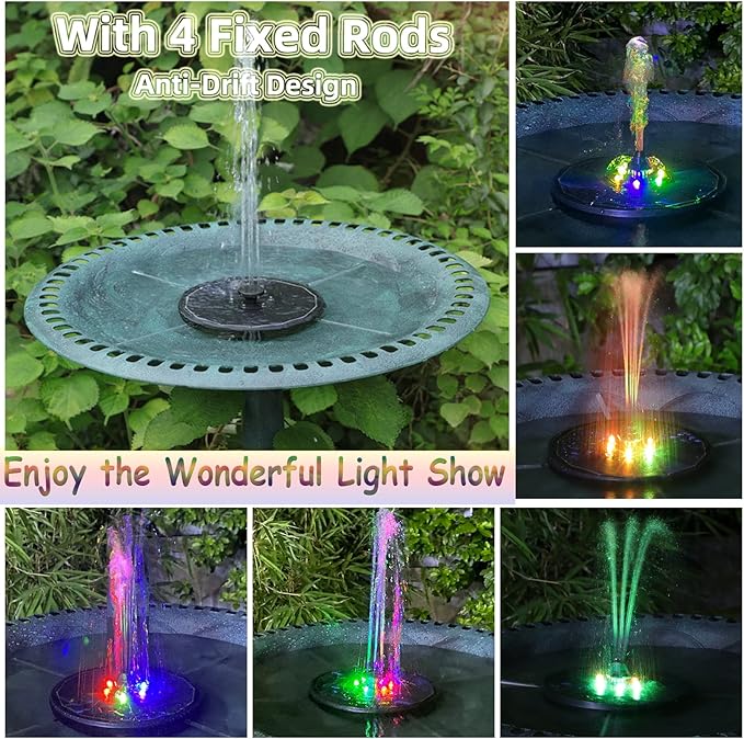 ALUKIKI Solar Powered Fountain 4W Bird Bath Fountains Pump Upgraded Glass Panel Fountains with Color LED Lights 7 Nozzles & 4 Fixers for Garden Small Pond Outdoor Swimming Pool Fish Tank
