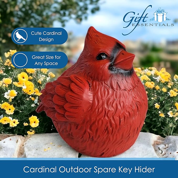 Stocky Cardinal Garden Statue and Key Hider - Hides a Secret Extra Hidden Key Outside in Garden, Yard or Porch
