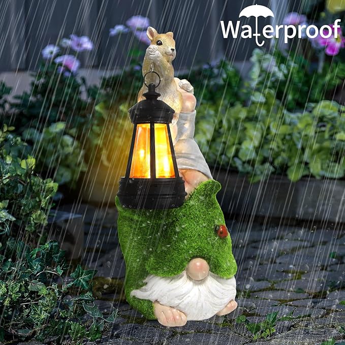 Garden Gnome with Squirrel Outdoor Statue,Flocked Gnome Statue Holding Lantern with Solar Lights,Outdoor Gnomes Decorations for Yard Patio Lawn Porch,Gifts for Mom