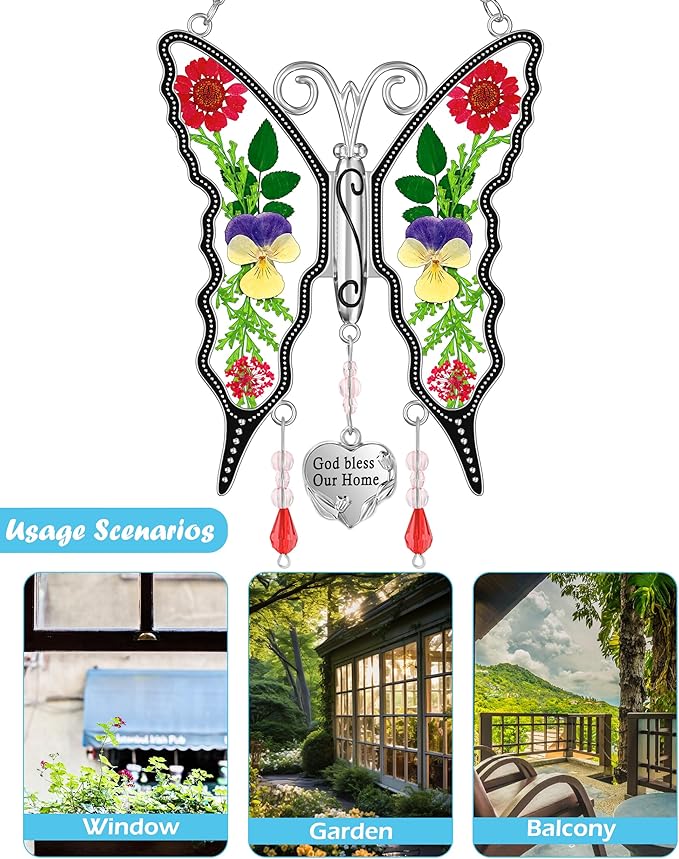 KY&BOSAM Butterfly Suncatcher God Bless Our Home Ornaments Stain Glass Sun Catchers for Windows Hanging Wind Chime Silver Charm Gifts for Home Mother`s Day Valentine's Birthday Thanksgiving Christmas