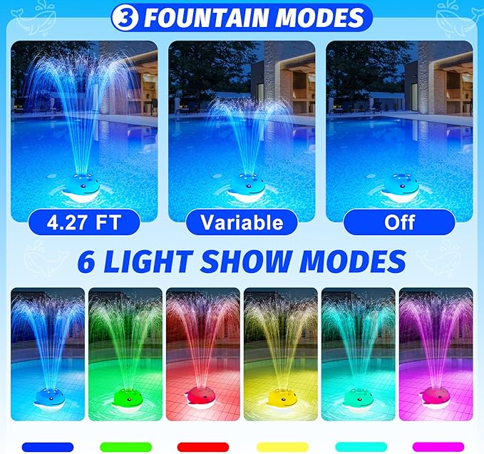 Floating Pool Fountain with Remote, Whale Pool Fountain with Lights, Rechargeable Pool Water Fountain, Above Ground Pool Fountain Waterfall, Swimming Pool Fountains for Inground Pool-1PC