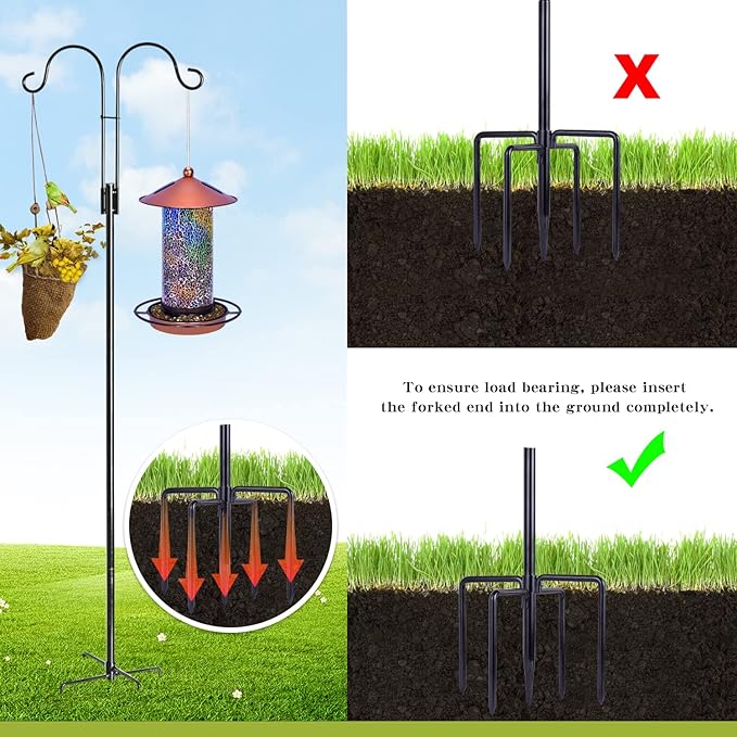 XDW-GIFTS Double Shepherds Hooks for Outdoor, 2-Pack Heavy Duty Garden Pole for Hanging Bird Feeder, Plant Baskets, Solar Light Lanterns, Garden Plant Hanger Stands with 5 Base Prongs