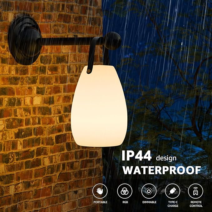 uuffoo Portable Outdoor Table Lamp, Dimmable Cordless Lamp with Remote and 7 RGB Colors IP44 Waterproof Hanging Lamp Indoor/Outdoor Night Lamp Lantern for Bedroom Garden Dining Camping