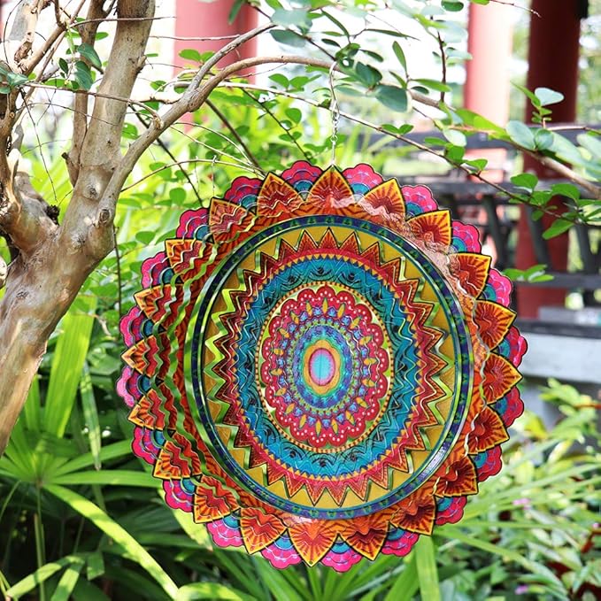 FONMY Stainless Steel Wind Spinner Worth Gift Indoor Outdoor Garden Decoration Crafts Ornaments 12 inch Multi Color Mandala Wind Spinners