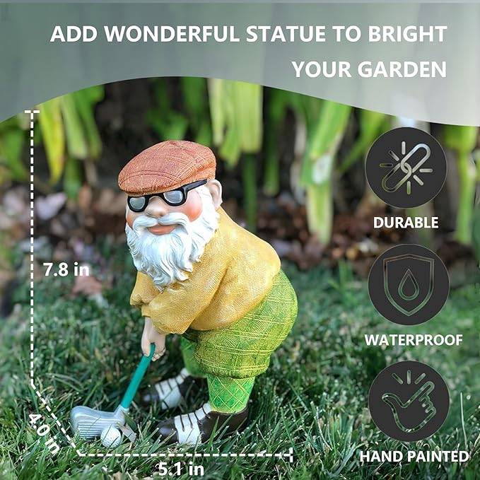Elenon Funny Garden Golf Gnome Outdoor Statue Decorative, Adorable Flower Bed Decor Golfing Gnome Statue, Yard Patio Art Decor Dwarf Sculptures Table Ornament