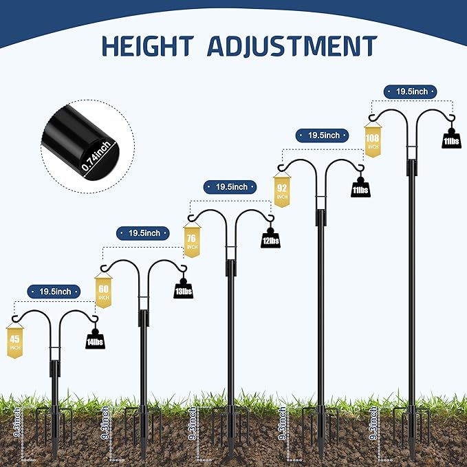 Ottsuls Bird Feeder Pole, 2 Pack 108 INCH Double Shepherds Hooks for Outdoor, Garden Pole with 5 Base Prongs Heavy Duty Planter Hooks for Hanging Plant Baskets, Lantern, Hummingbird Feeder