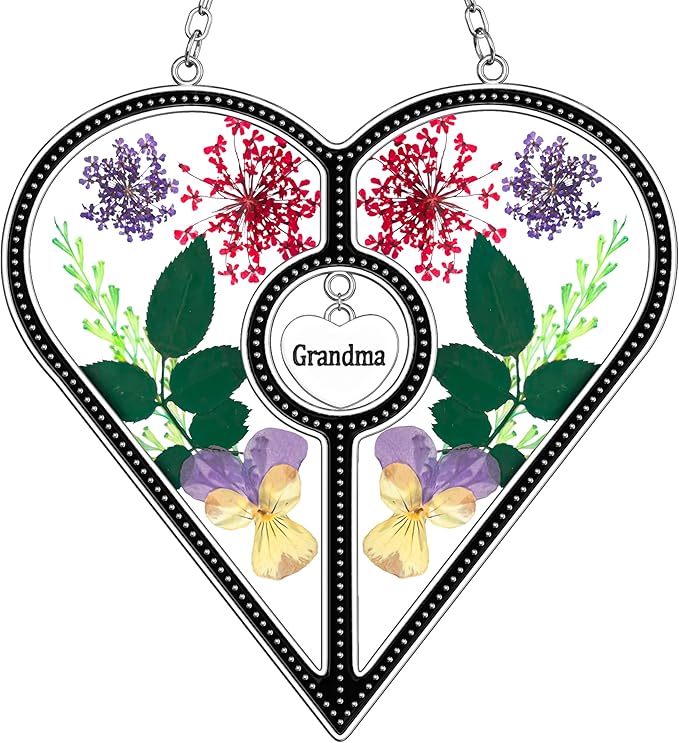 KY&BOSAM Heart Suncatcher Grandma Stained Glass for Windows Hangings Ornament Wind Chimes with Pressed Real Flower Heart Embedded in Glass Birthday Gifts for Women Grandma Mother`s Day Christmas Decor